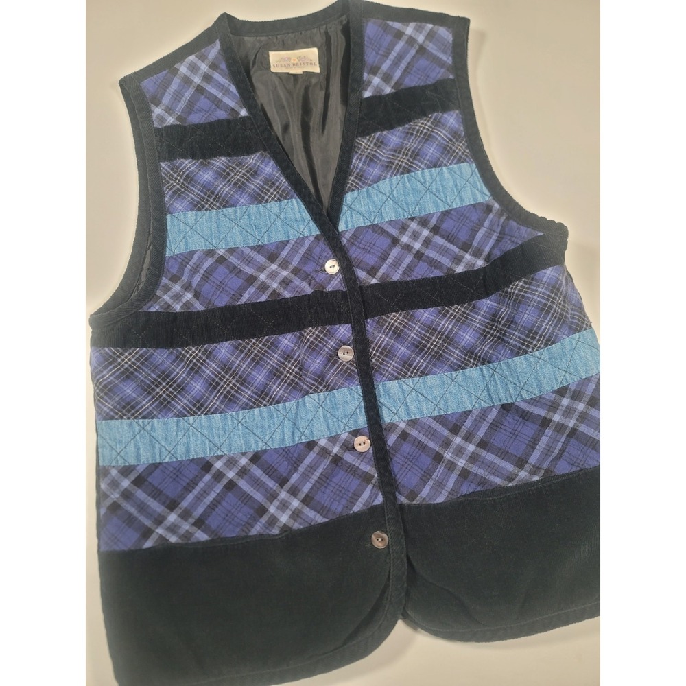 Vintage Susan Bristol Quilted Patchwork Vest Women small Plaid Corduroy Cottage